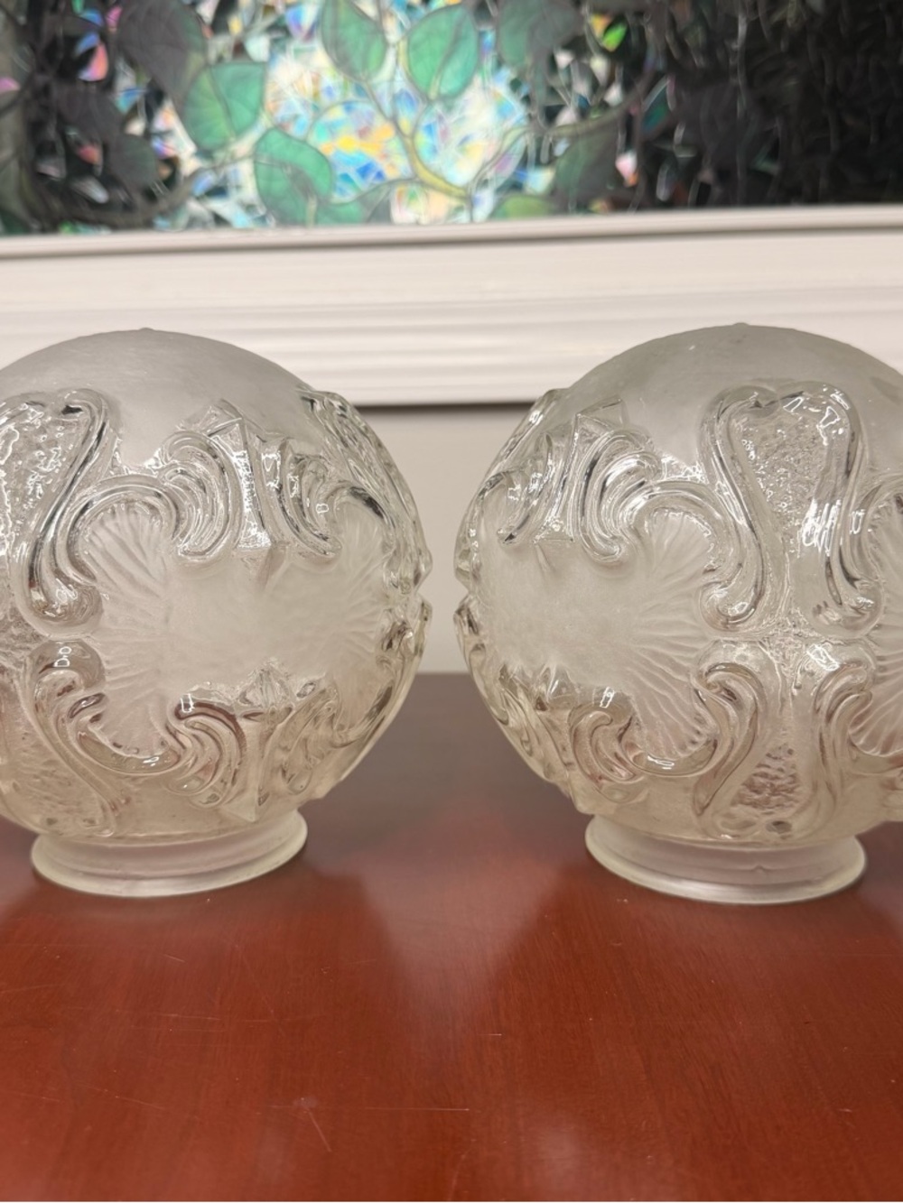 French Style Set of 2 Frosted Fancy Raised Light Glass Globe 7” diameter